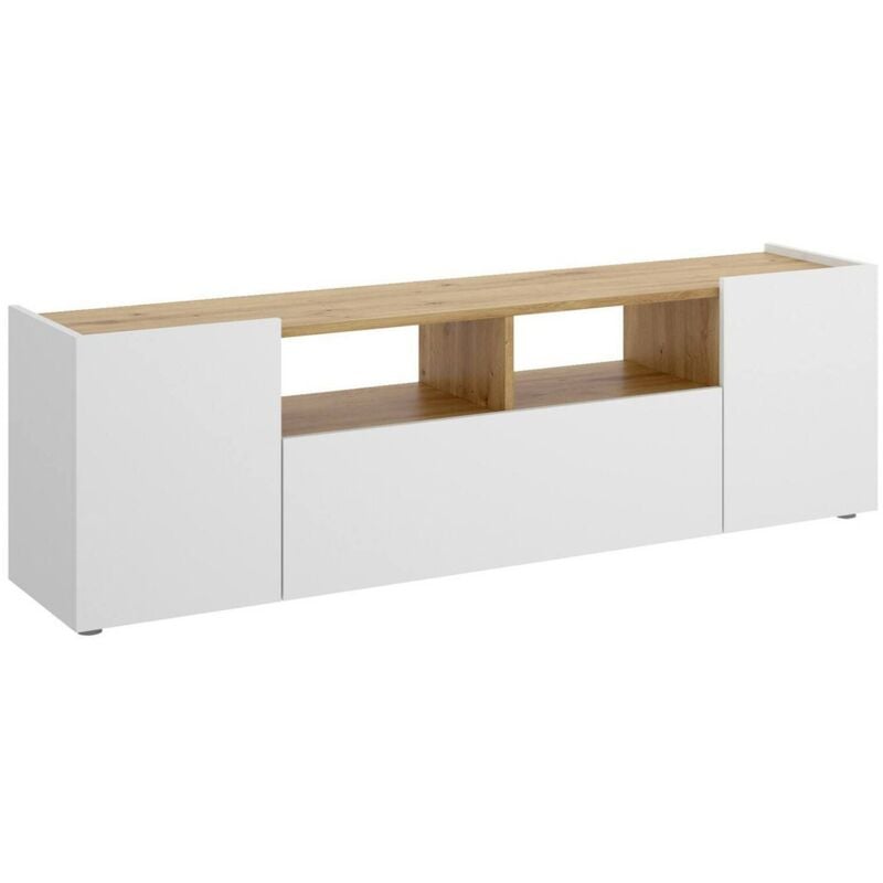 TV-Schrank Etna, niedriges Sideboard für Wohnzimmer, TV-Sideboard für Wohnzimmer, 142x35h44 cm, Weiß und Eiche Nodi - Dmora