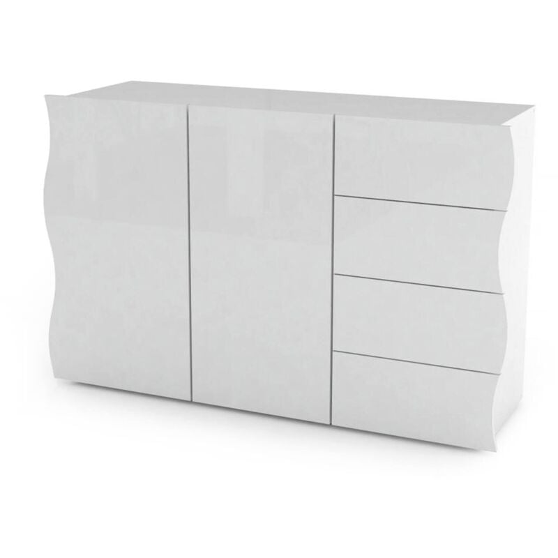Welliges Sideboard, Design-Sideboard mit 2 Türen und 4 Schubladen, Made in Italy, TV-Ständer, Wohnzimmerbuffet, 124x40h81 cm, glänzend weiße Farbe
