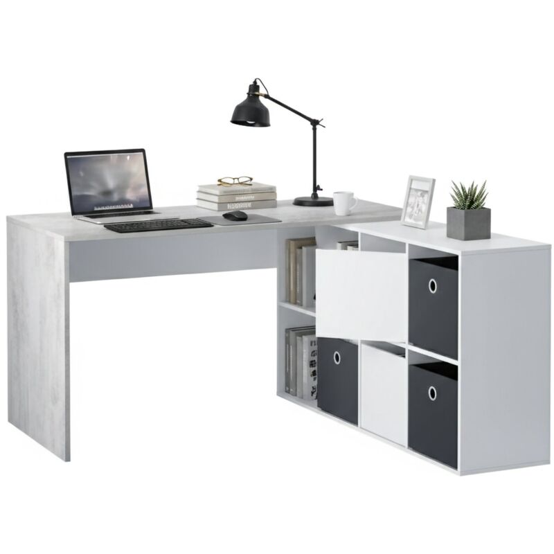 Schreibtisch Vallejo, Umschaltbarer Multipositions-Schreibtisch, Arbeits- oder Bürotisch für pc mit Regal, cm 136x139h74, Weiß und Zement - Dmora