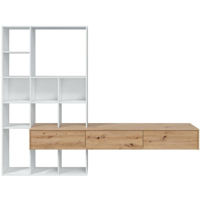 Wohnwand Wausau, Wohnzimmer-Set mit 3 Schubladen, Mehrzweck-Wohnzimmer-Bücherregal, 226 x 28 x 173 cm, Weiß und Nodi-Eiche - Dmora