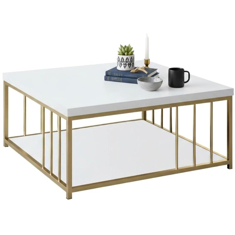 Wohnzimmertisch Dfedrizz, Niedriger Wohnzimmertisch, Kaffeeregal, Couchtisch für Sofa, 90x39h40 cm, Weiß und Gold - Dmora