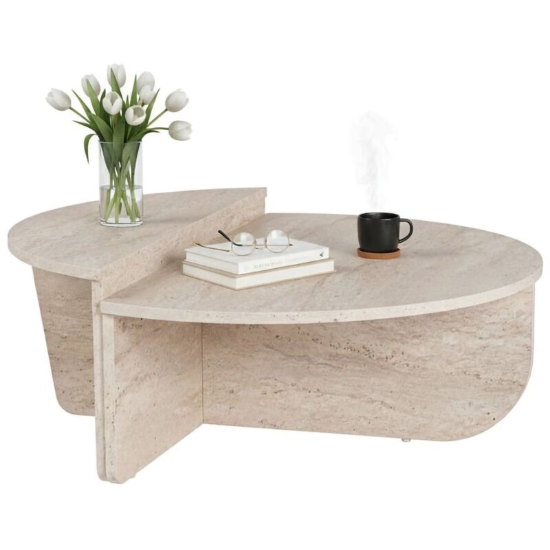 Wohnzimmertisch Feyre, Niedriger Wohnzimmertisch, Kaffeeregal, Couchtisch für Sofa, 90x60 h35 cm, Beige und Marmor - Dmora