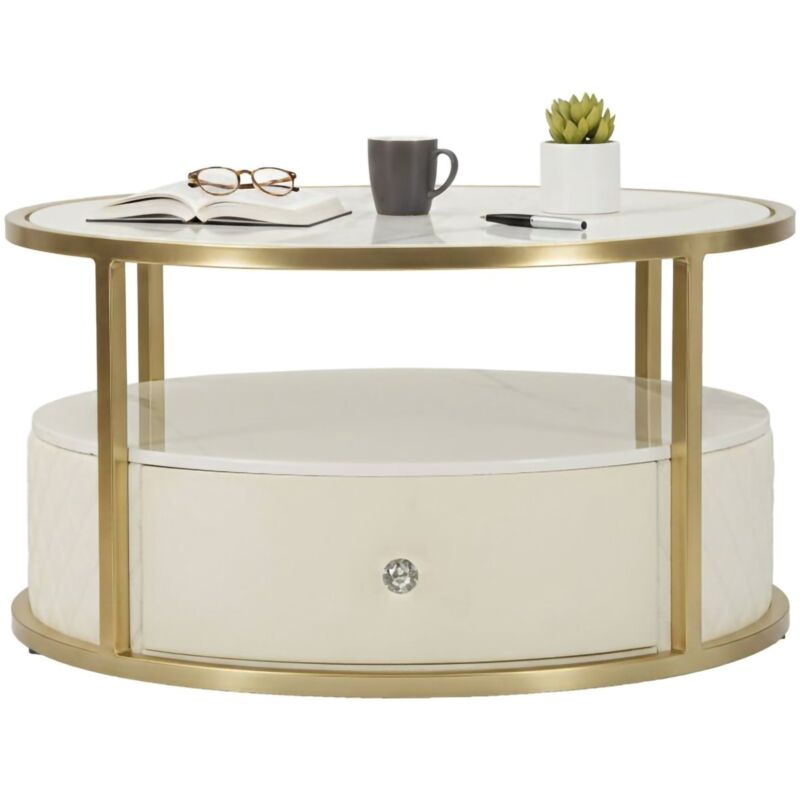 Wohnzimmertisch Stabia, Niedriger Wohnzimmertisch, Kaffeeregal, Couchtisch für Sofa, 75x75 h40 cm, Weiß und Gold - Dmora