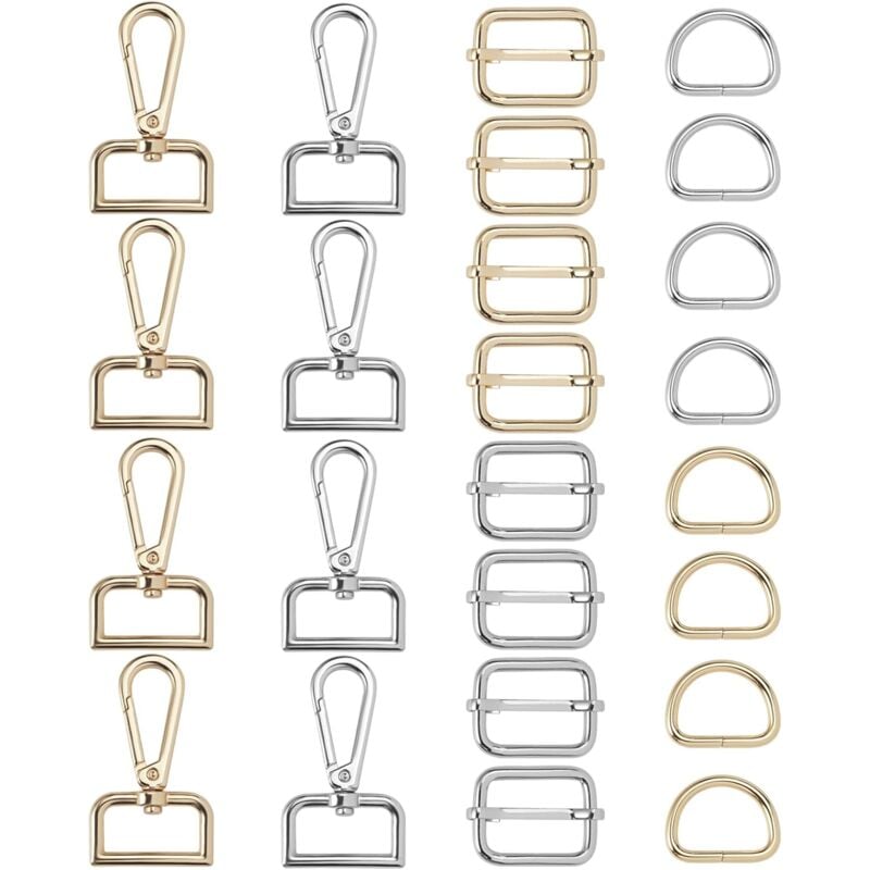 24 Stück 34 mm Karabiner-Handtaschen-Zubehör – D-Ringe, Tri-Glide-Metallschnalle und drehbarer Karabinerhaken zum Nähen, Nähtaschen-Karabiner-Zubehör