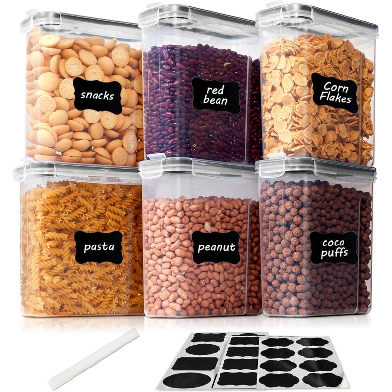 DOLASO 2,5 l BPA-freie Frischhaltedosen für die Speisekammer, Set mit 6 + 24 Etiketten, für Müsli, Mehl (schwarz)