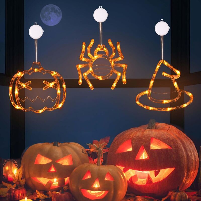 DOLASO Halloween-Lichter, 3 Stück, Kürbis-Spinnen-Hexenhüte, LED-Fenster-Hängelichter, batteriebetriebene Halloween-Dekoration für Halloween-Partys,