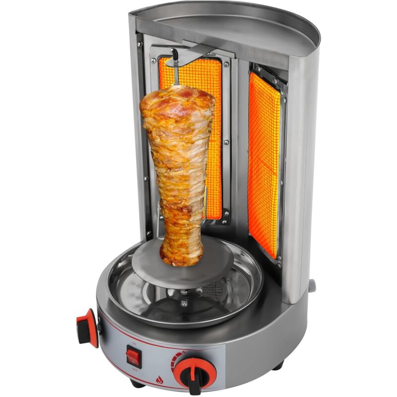 Dönergrill, Gasgrill für Döner, Gyros, Hähnchen, Vertikaler Edelstahl Grill mit 360°-Hitzeverteilung, 8kg Gewichtskapazität, Vertikalgrill,