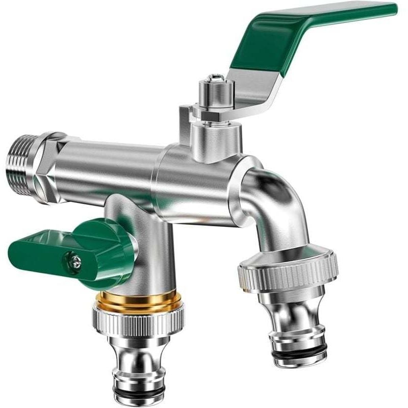 Doppel-Gartenarmatur, Messing-Außenarmatur, Armatur mit zwei 3/4'-Ausgängen und einem 1/2'-Zulauf, frostsichere Armatur mit Doppelanschluss und