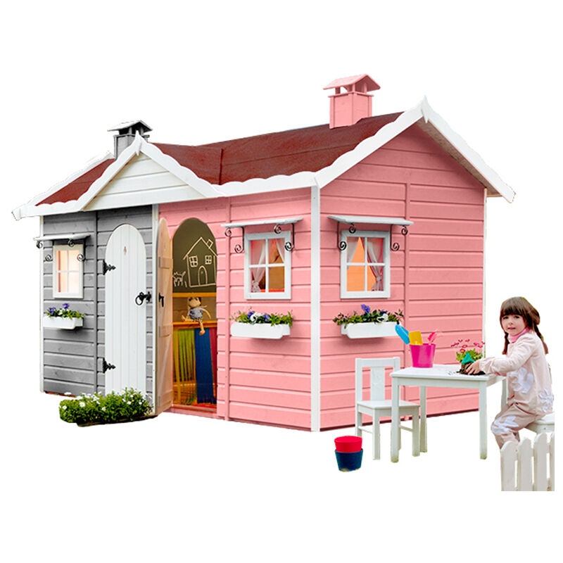 Doppel- Spielhaus aus Holz mit innenliegender Trenntafel HÄNSEL und GRETEL - 335 x 170 x 207 cm - CASAS GREEN HOUSE - Bemaltes Spielhaus, Transport