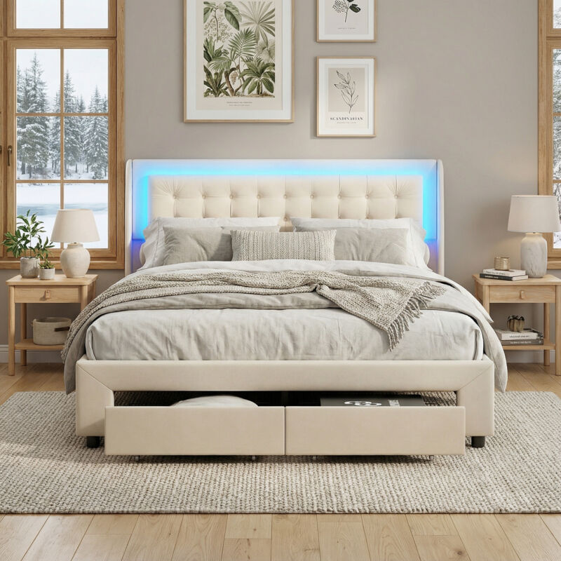 Bett mit Stauraum, Stauraumbett 140x190, 2 Schubladen, LED RGB, Bett Erwachsene hydraulisch, Polsterbett Samt, modern/skandinavisch(140x190cm, Beige)