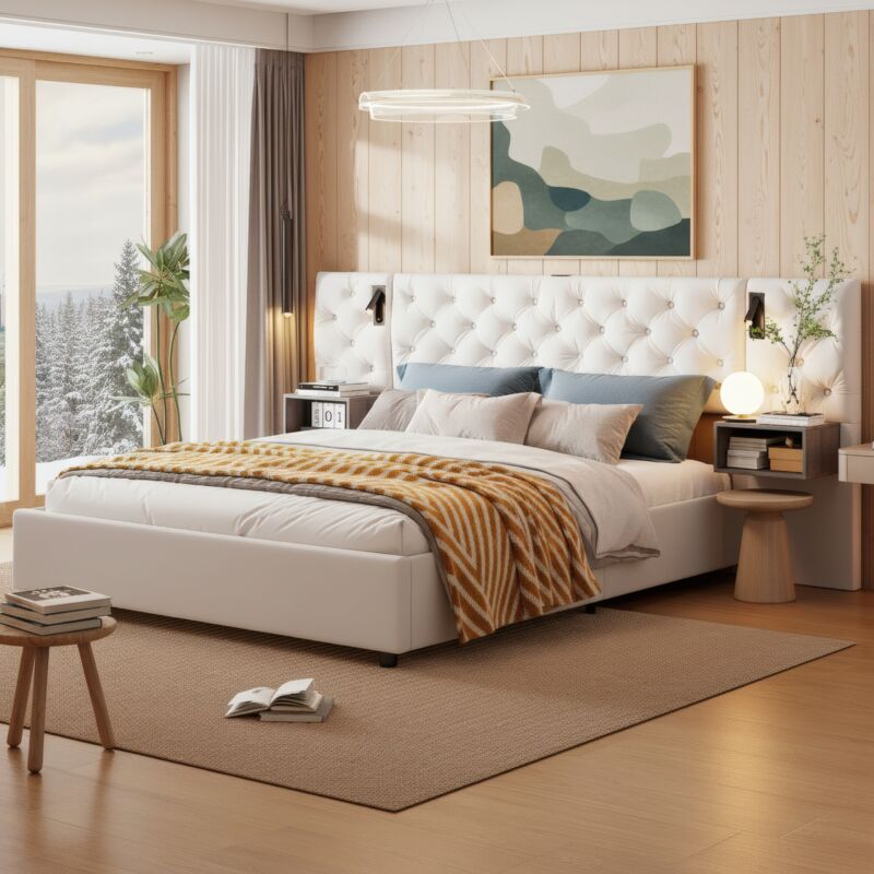 Bett mit Stauraum, Stauraumbett 140x200, Doppelbett mit LED & USB/Typ-C, Bett Erwachsene, Kopfteil mit Stauraum, schwebende Nachttische Holzoptik,