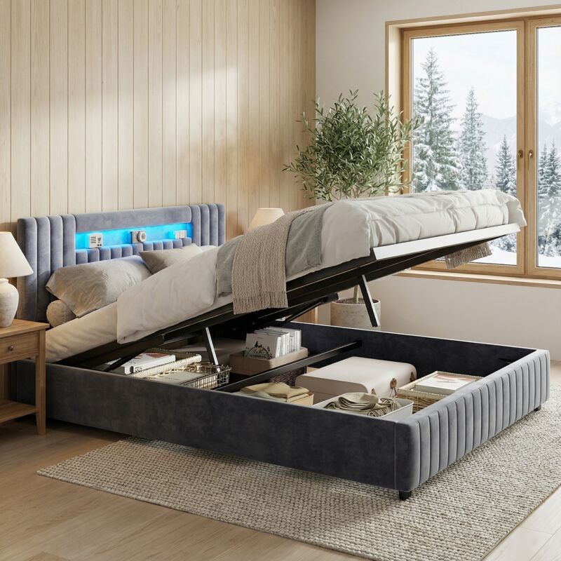 Bett mit Stauraum, Stauraumbett 140x200 mit Lattenrost, Polsterbett mit LED RGB, Bett Erwachsene hydraulisch Samt, Kopfteil mit Stauraum,
