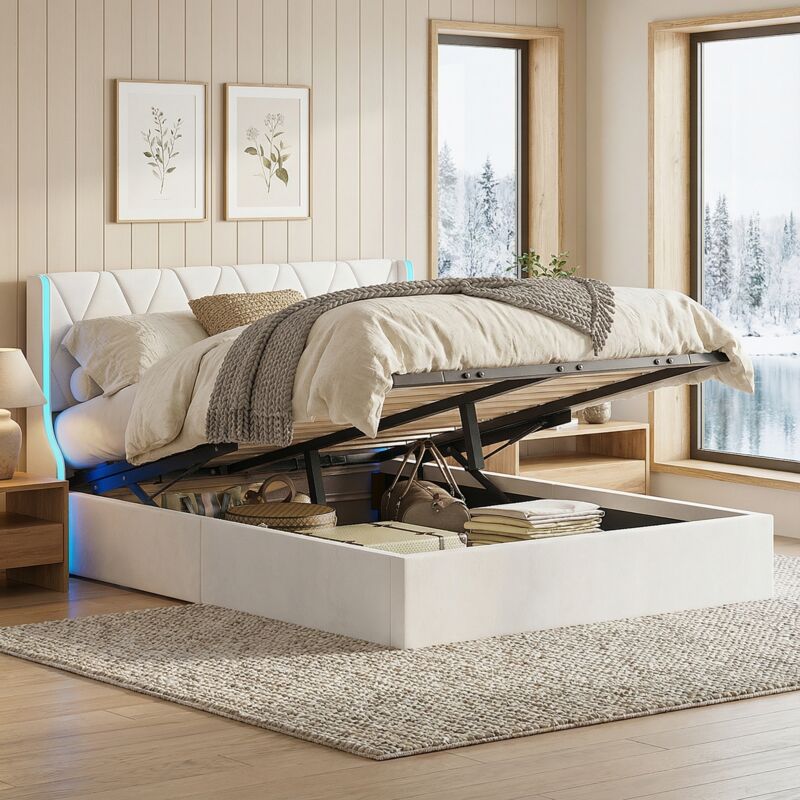 Bett mit Stauraum, Stauraumbett 140x200, Polsterbett mit LED, Stauraumbett Samt, geometrisches Kopfteil, Bett Erwachsene mit Lattenrost,