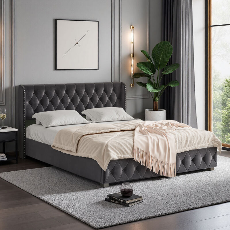 Doppelbett 140 x 200 cm – Samtstoff – Hydraulischer Stauraum – Lattenrost – Bett 140 x 200 cm – dunkelgrau