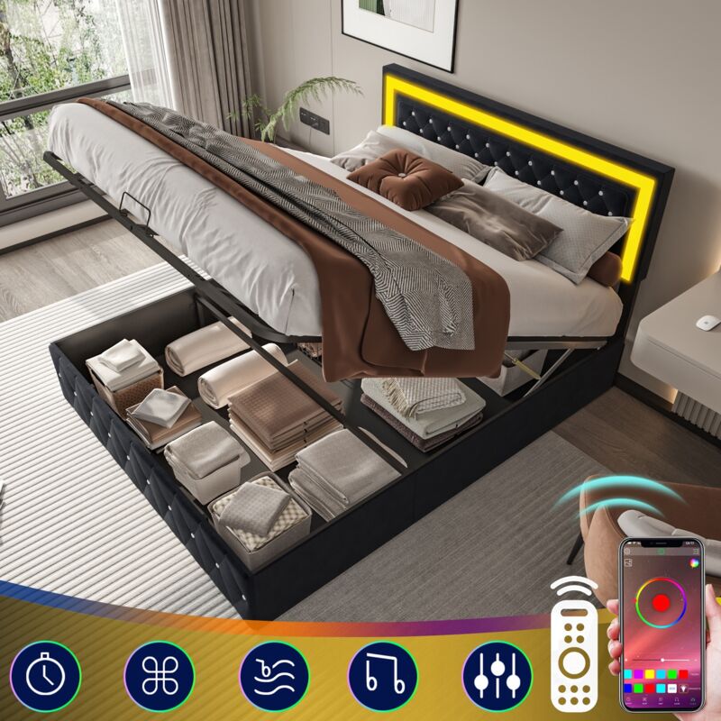Bett mit Stauraum 180x200cm, mit LED-Beleuchtung, hydraulischer Aufbewahrung, Knöpfen aus Kunststein, Lattenrost, gepolstertes Bett aus Samt - Schwarz