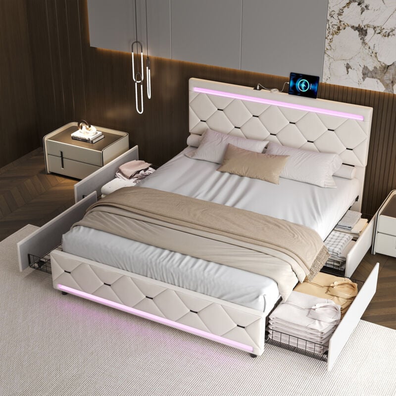 Doppelbett 140x200 cm mit 4 Schubladen – Bett für Erwachsene mit LED – USB-Anschluss – Samt – Lattenrost – Bett mit Schubladen – Bett für Jugendliche