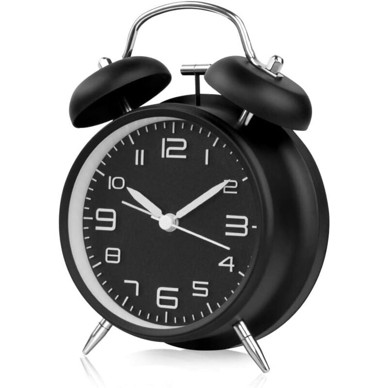 Morgenwecker mit zwei Glocken, Retro-Wecker mit Nachtlicht, leiser Wecker zum Schlafen, fürs Büro, Schlafzimmer, Reisen, 4 Zoll, Schwarz