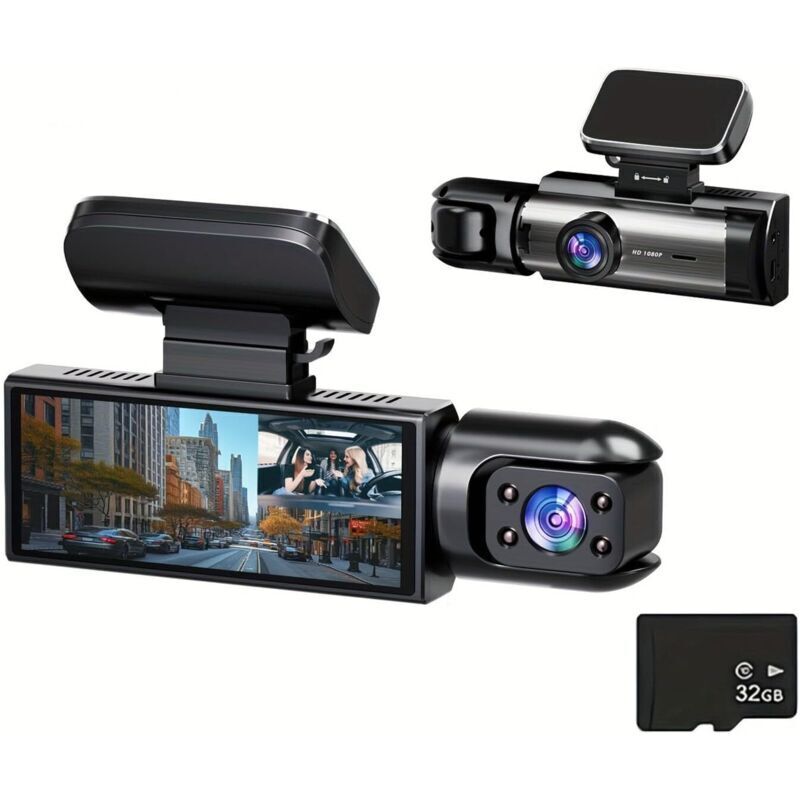 Doppelte Frontkamera und integrierte Dashcam: 3,16-Zoll-1080P-Dashcam mit Infrarot-Nachtsicht und IPS-Bildschirm, Loop-Aufnahme (32-GB-Karte).