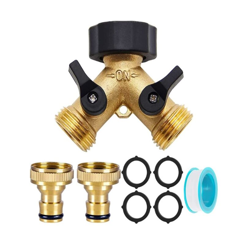 Dolaso - Doppelter Waschmaschinen-Wasserhahn, Y-Anschluss, Garten-Wasserhahn-Splitter aus Messing mit 4 Gummimatten und 2 Messing-Wasserhahn-Nase