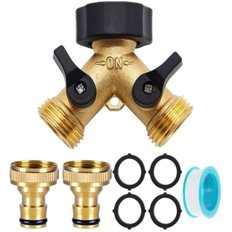 Odipie - Doppelter Waschmaschinen-Wasserhahn, Y-Anschluss, Garten-Wasserhahn-Splitter aus Messing mit 4 Gummimatten und 2 Messing-Wasserhahn-Nase