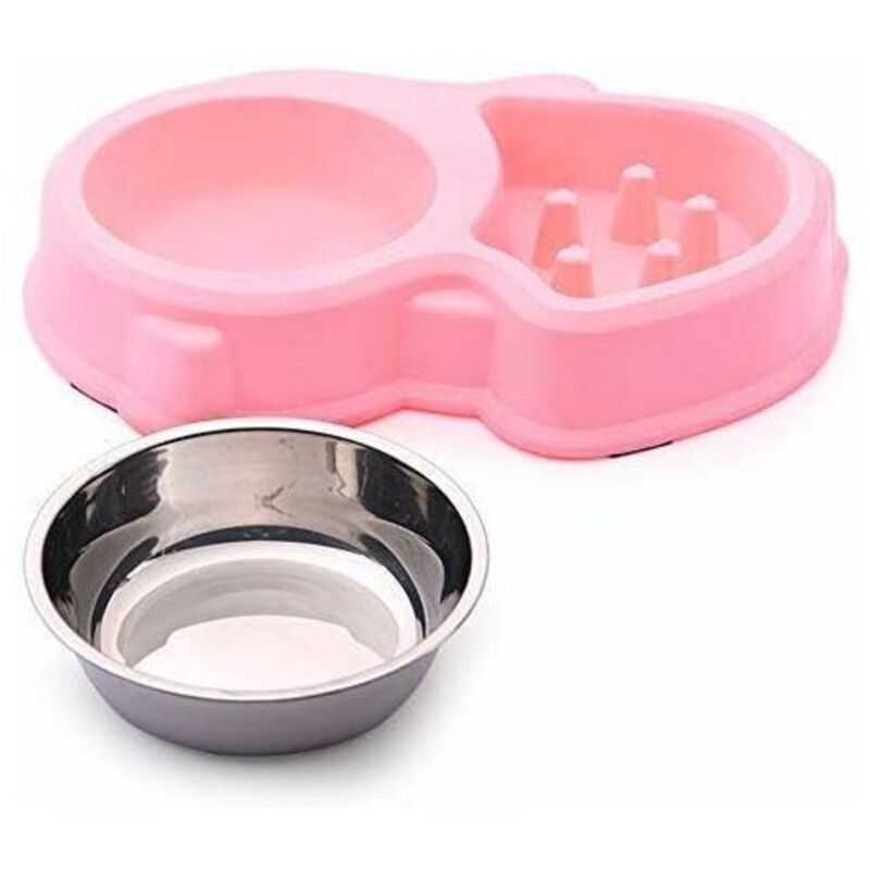 Doppeltes Futter- und Wassernapf-Set mit 1 Edelstahlnapf und 1 Anti-Schling-Napf für Katzen und kleine Hunde (Rosa)