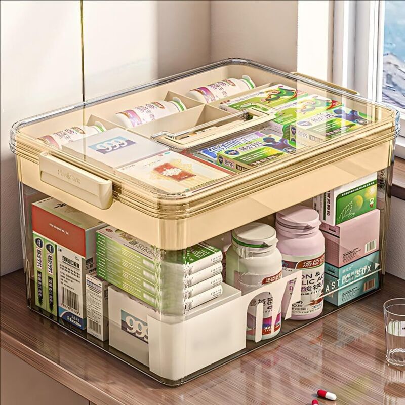 Doppelwandige Medikamentenbox aus Kunststoff, Erste-Hilfe-Set, große Medikamentenbox mit Tragegriff, für Medikamente (teefarben)