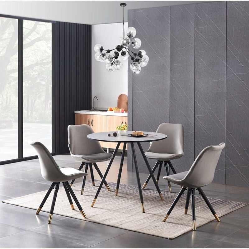 Dorchester LUX Sofia Esszimmer-Set – ein grauer Esstisch aus Holz und ein Set mit 4 dunkelgrauen Samtstühlen – Esszimmer Küche