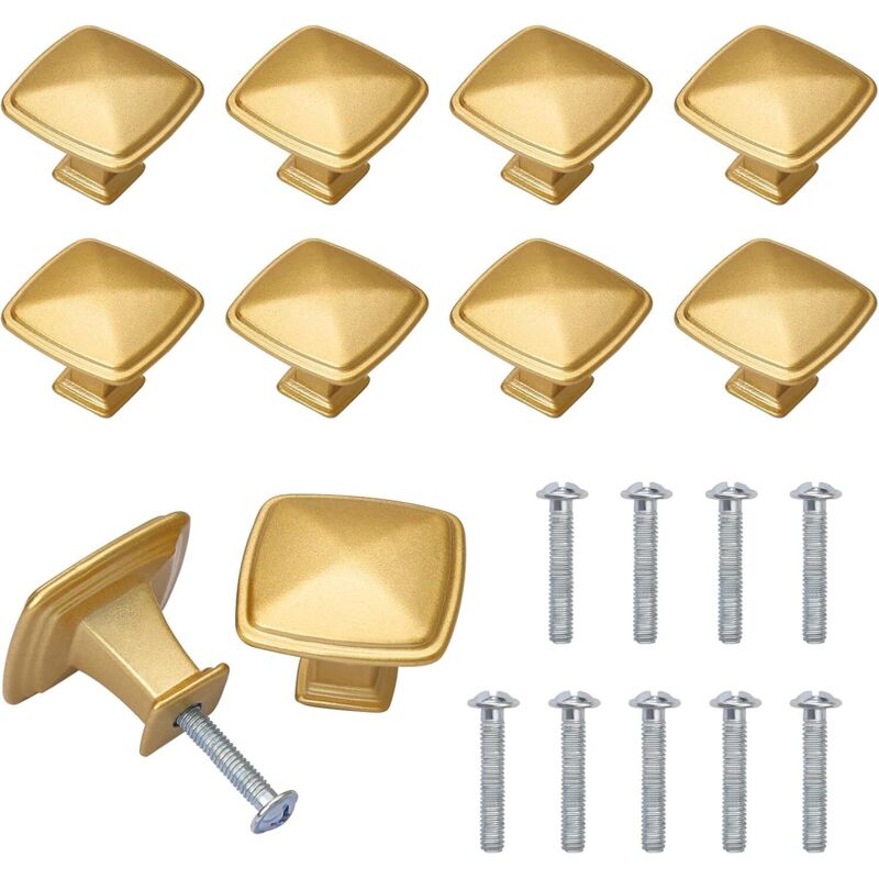 INHHUB 10er-Pack goldene Schrank-/Schubladenknöpfe, Messing-Türgriffe für Kleiderschränke, Küche, Schrank, Badezimmer mit Schraubbolzen, quadratische