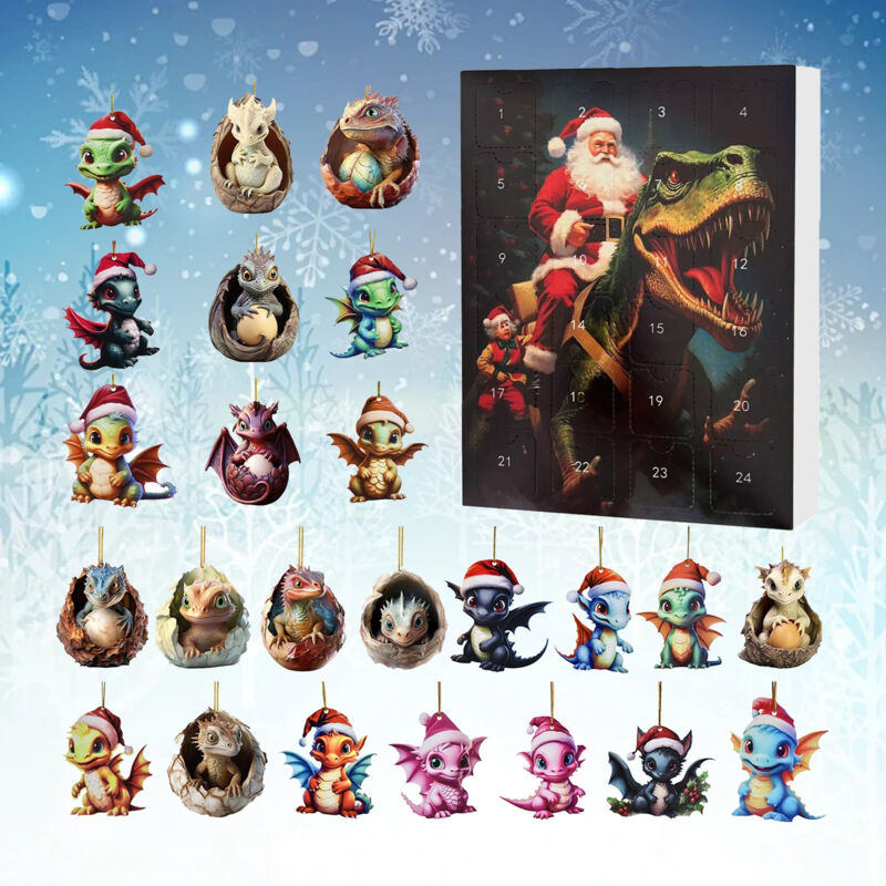 Drachen-Adventskalender 2025 – 24-tägiger Countdown bis Weihnachten mit 24 2D-Drachen-Dekorationen Weihnachtsbaumschmuck für Erwachsene und Kinder