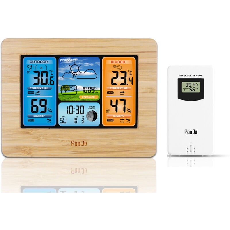 Drahtlose Wetterstation, digitale Wetterstation mit Wetterstation, Thermometer mit Alarm und Luftfeuchtigkeitsbarometer, Alarm, Mondphase, Wetteruhr