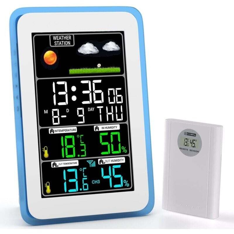 Drahtlose Wetterstation für drinnen und draußen, drahtlose Wetterstation, Innen-/Außenthermometer, Hygrometer, Barometer mit LED-Sensor,
