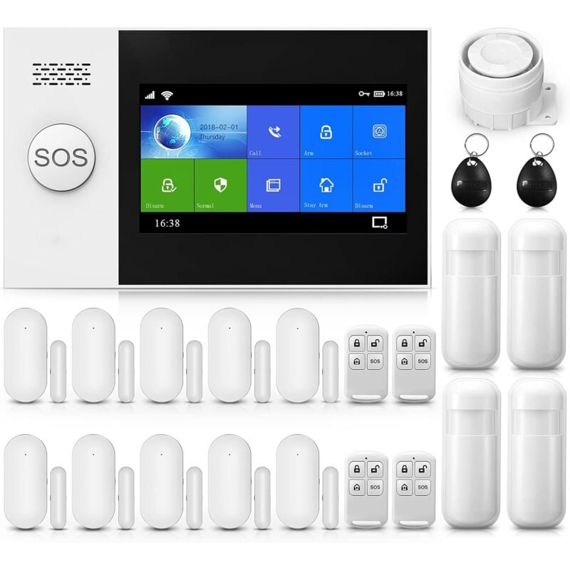 Drahtloses Hausalarmsystem, Wi-Fi-Sicherheitssystem mit 4,3 Zoll kabellosem Voll-Touchscreen, funktioniert mit Alexa und Google für Zuhause, Wohnung