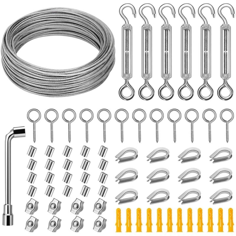Drahtseil Rankhilfe Set 15m Drahtseil Edelstahl Set für Kletterpflanzen, Seilspanngarnitur für Lampenaufhängung,Gardinen seil,einschließlich