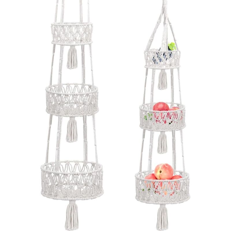 Dreistöckiger Hängekorb für Obst, Hängekorb für die Küche, Aufbewahrungskorb im Boho-Stil für Obst, Gemüse, Brot, Pflanzen, H 110 cm