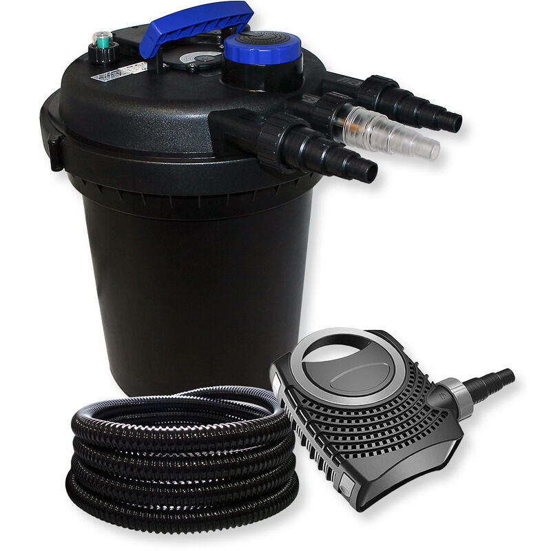 Wiltec - Komplettset: CPF-250 Teichdruckfilter bis 10000 l Teich mit 11W Teichklärer, NEO8000 SuperEco Teichpumpe 8000l/h 70W, 25m Teichschlauch 25