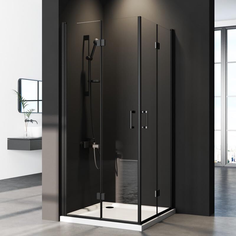 Duschkabine 120x120 cm Doppel Falttür 180º Schwarz Duschabtrennung Eckeinstieg 5 mm NANO-Glas Duschkabine Scharniertür,Leicht zu Reinigen, Ohne