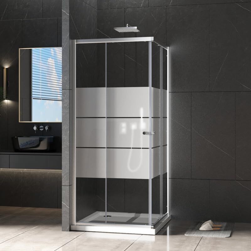 Duschkabine Eckeinstieg 75x75cm Duschabtrennung Schiebetür Dusche, Gestreift Doppel Schiebetüren Duschwand mit 5mm esg Sicherheitsglas, Duschkabine