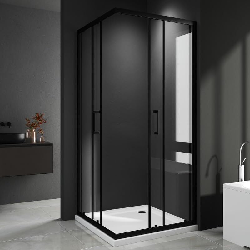 Duschkabine Eckeinstieg 75x90cm Duschabtrennung Schiebetür Dusche, Doppel Schiebetüren Duschwand mit 5mm esg Sicherheitsglas, Schwarz Duschkabine