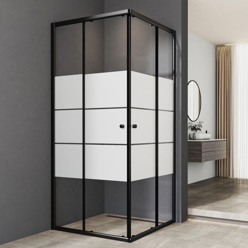 Duschkabine Schiebetür, Duschkabine 100x100 cm Eckeinstieg Schwarz Duschabtrennung 5mm esg Milchglas Streifen Duschtür Duschwand Höhe 185cm