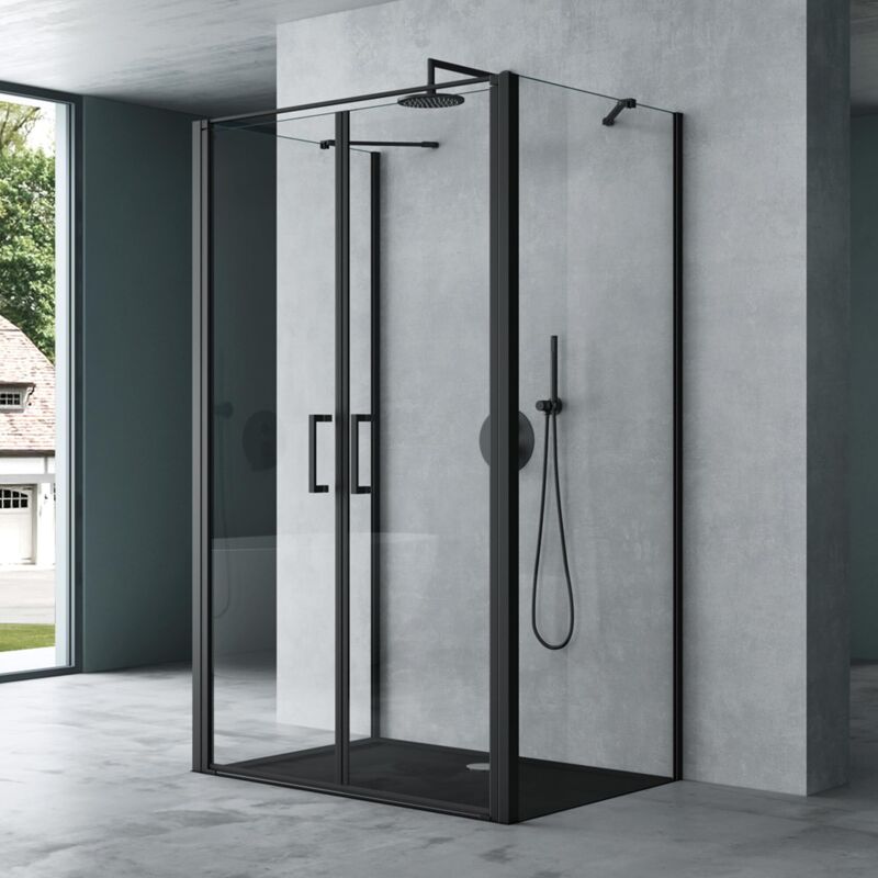 Duschkabine U-Form Duschabtrennung 100x90 Duschkabine Aluminiumrahmen mit Duschtasse ESG-Sicherheitsglas Klarglas Doppeltüre Schwarz Ravenna66UK