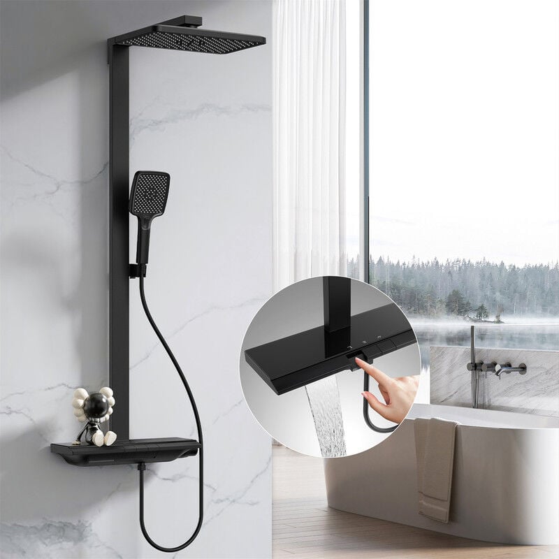 Duschsystem mit Thermostat und Glasablage, Duscharmatur Komplettset, Handbrause mit 3 Strahlarten, Regendusche mit Armatur, Duschset Duschsäuleset