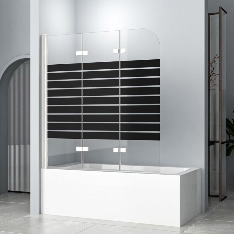 Boromal - Duschtrennwand für Badewanne 120x140 cm 3 teilig, Weiß Duschwand für Badewanne Faltbar Faltwand mit Schwarzes Gestreift Duschabtrennung