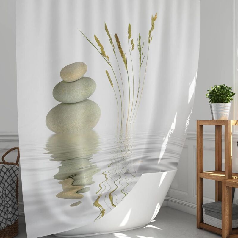 Duschvorhang 120x180, Polyester-Duschvorhang mit Zen-Wasser- und Steinmuster, wasserdichter Duschvorhang mit Ösen