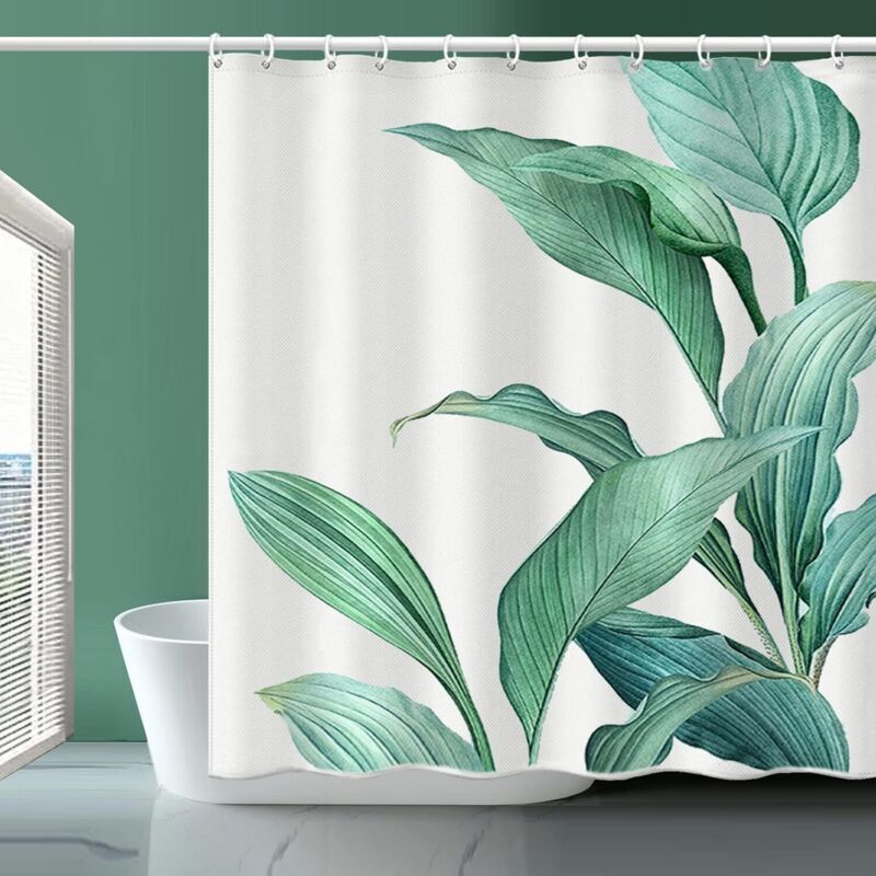 Duschvorhang, Duschvorhang mit Bananenblattmuster, Duschvorhang aus grünem Blattstoff, beschwerter Saum, mit 12 Haken, Badezimmer-Duschvorhänge,
