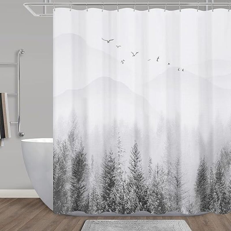 Duschvorhang, grüner Duschvorhang, Berg, Natur, Baum, Duschvorhang-Set, graue Duschvorhänge für Badezimmer, wasserabweisend, Hotel, 183 x 183 cm