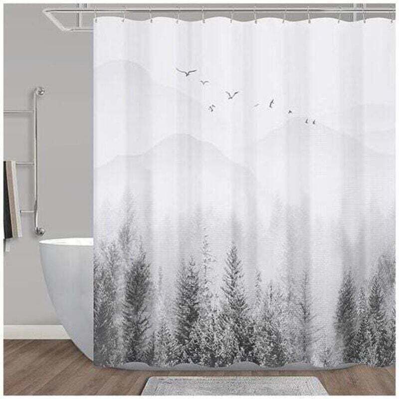 Duschvorhang, grüner Duschvorhang, Duschvorhang-Set mit Bergmotiv, grauer Duschvorhang für Badezimmer, wasserabweisend, Hotel, 183 x 183 cm