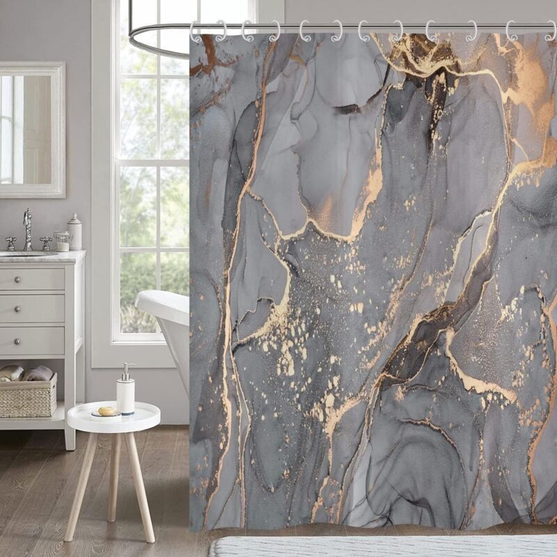 Duschvorhang in grauem Marmor-Design (180 x 200 cm), Pailletten-Duschvorhang, goldener, abstrakter, moderner Luxus-Duschvorhang mit Rissen,