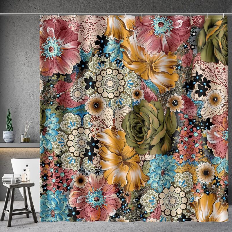 Duschvorhang mit Blumenmuster im Bohemian-Stil, mehrfarbiger Blumendruck, Duschvorhang im Bohemian-Ethno-Stil mit 12 Haken für