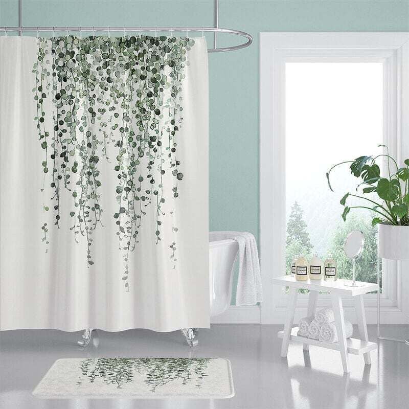 Duschvorhang mit grünen Blättern, Aquarell-Blatt-Duschvorhang, floraler Stoff, wasserdicht, Pflanzen, Badezimmervorhänge mit Haken, 180 x 180