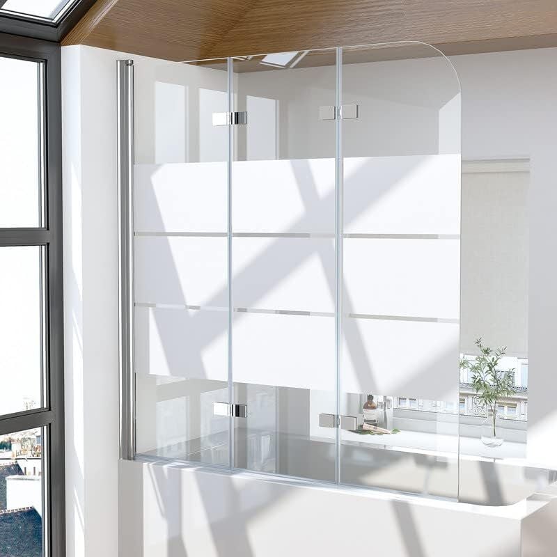 Boromal - Duschabtrennung für Badewanne 130x140cm Duschwand für Badewanne 3-teilig Milchglas Streifen Faltbar Duschtrennwand Faltwand